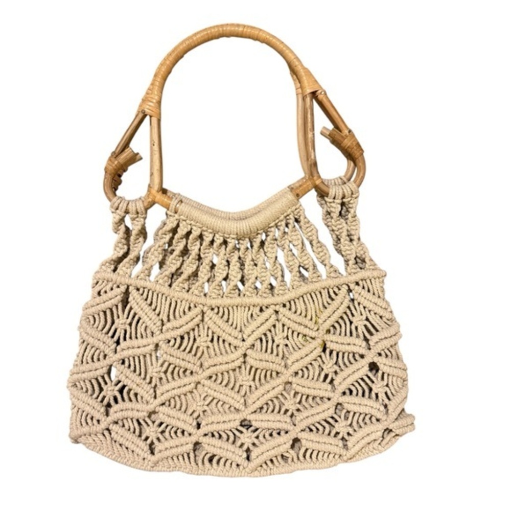 Handcrafted Cream Macramé Large Tote Handbag with Bamboo Handles
